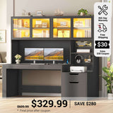 SEDETA 55 Inch Home Office Desk with Hutch Executive Office Desk with Display Cabinet and Printer Stand Gaming Desk with Power Outlet and LED Light Computer Desk with 2 Wood Drawer and Pegboard