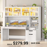 SEDETA | 55 Inch Executive Office Desk with 2 Drawers and Power Outlet Home Office Desk with Hutch and Printer Stand Gaming Desk with Display Cabinet and LED Light Computer Desk with Pegboard
