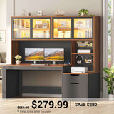 SEDETA | 55 Inch Executive Office Desk with 2 Drawers and Power Outlet Home Office Desk with Hutch and Printer Stand Gaming Desk with Display Cabinet and LED Light Computer Desk with Pegboard
