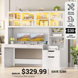 SEDETA 55 Inch Home Office Desk with Hutch Executive Office Desk with Display Cabinet and Printer Stand Gaming Desk with Power Outlet and LED Light Computer Desk with 2 Wood Drawer and Pegboard