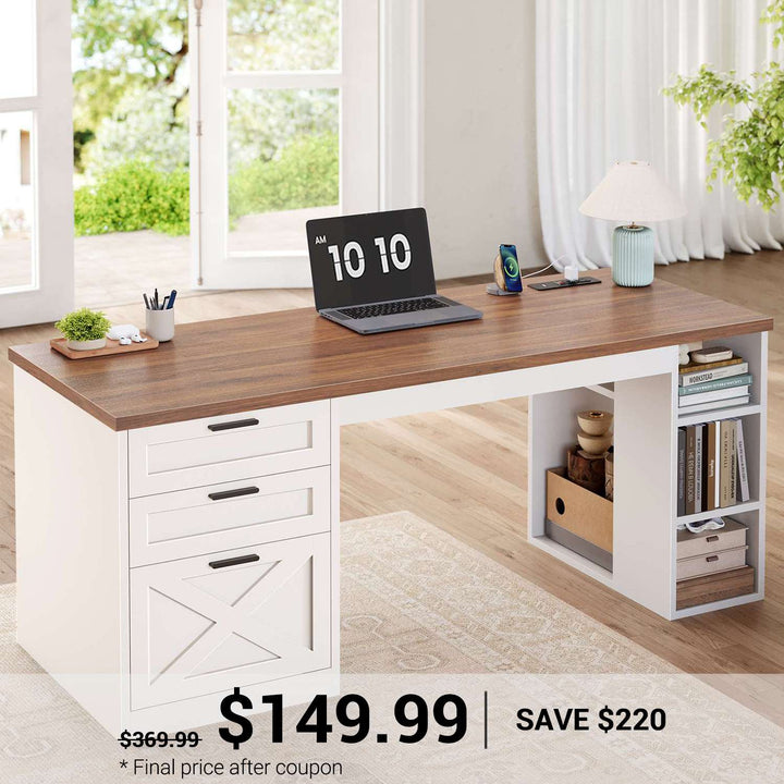 SEDETA | 55.1 Inch Computer Desk with File Drawer and Storage Shelves Farmhouse Office Desk Executive Desk with Power Outlet