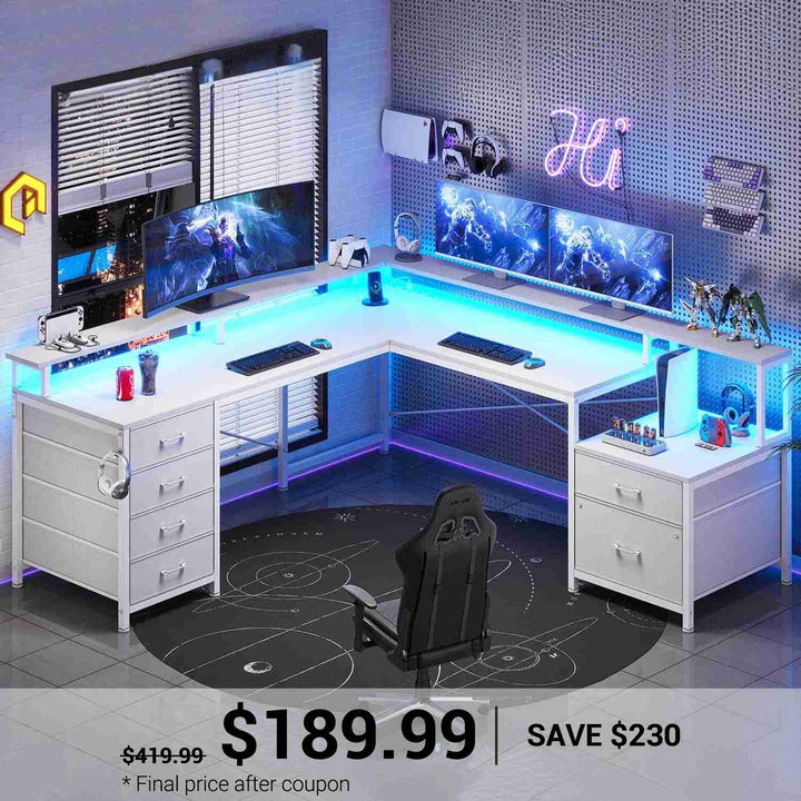 SEDETA 108 Inch L Shaped Gaming Desk Two Person Desk with File Drawer and Power Outlet