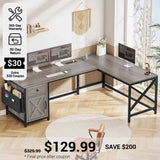 SEDETA® 63 Inch Farmhouse Computer Desk L Shaped Convertible Long Office Desk with Drawer Storage Cabinet and Power Strip