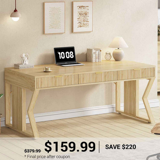 SEDETA | 55 Inch Fluted Executive Desk Computer Study Table Spacious D