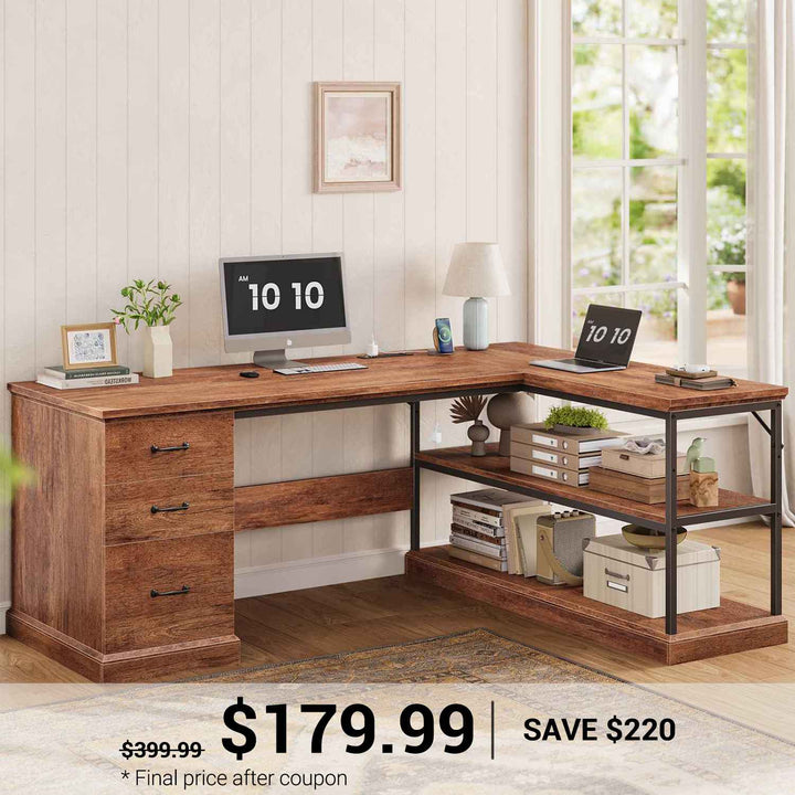 SEDETA 57.9 Inch L Shaped Desk Farmhouse Desk with Drawers and Storage Shelves
