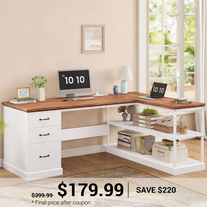 SEDETA 57.9 Inch L Shaped Desk Farmhouse Desk with Drawers and Storage Shelves