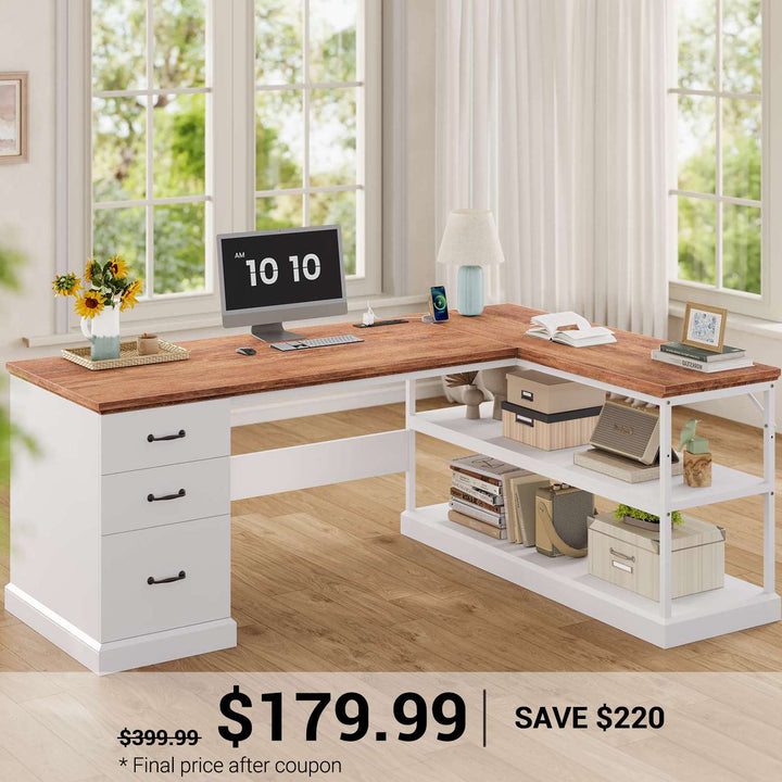 SEDETA 57.9 Inch L Shaped Desk Farmhouse Desk with Drawers and Storage Shelves