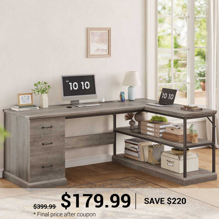 SEDETA 57.9 Inch L Shaped Desk Farmhouse Desk with Drawers and Storage Shelves