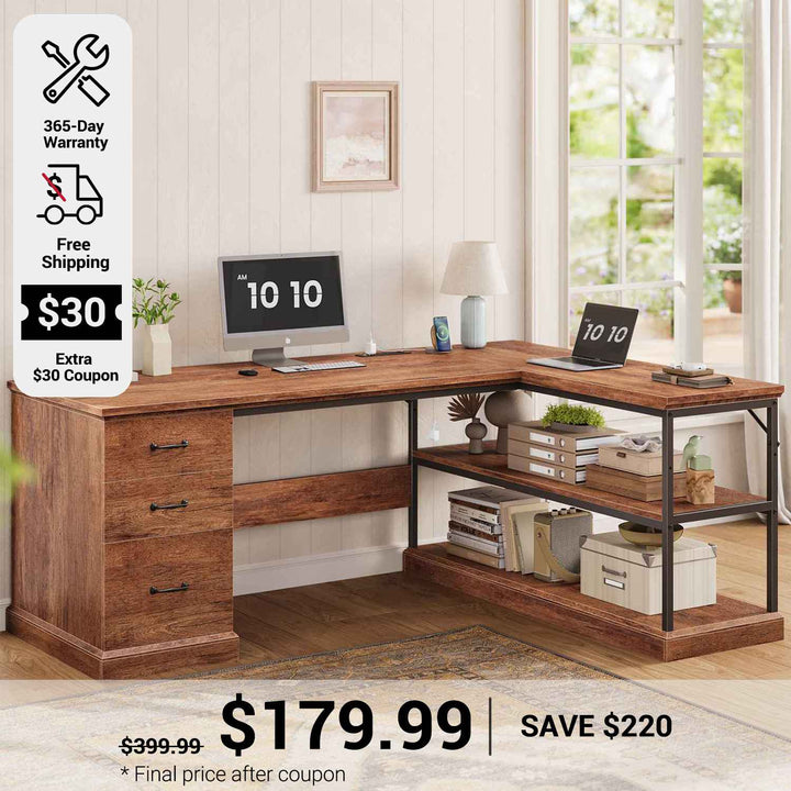 SEDETA 57.9 Inch L Shaped Desk Farmhouse Desk with Drawers and Storage Shelves