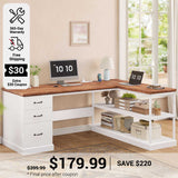 SEDETA 57.9 Inch L Shaped Desk Farmhouse Desk with Drawers and Storage Shelves