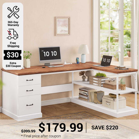 SEDETA 57.9 Inch L Shaped Desk Farmhouse Desk with Drawers and Storage Shelves