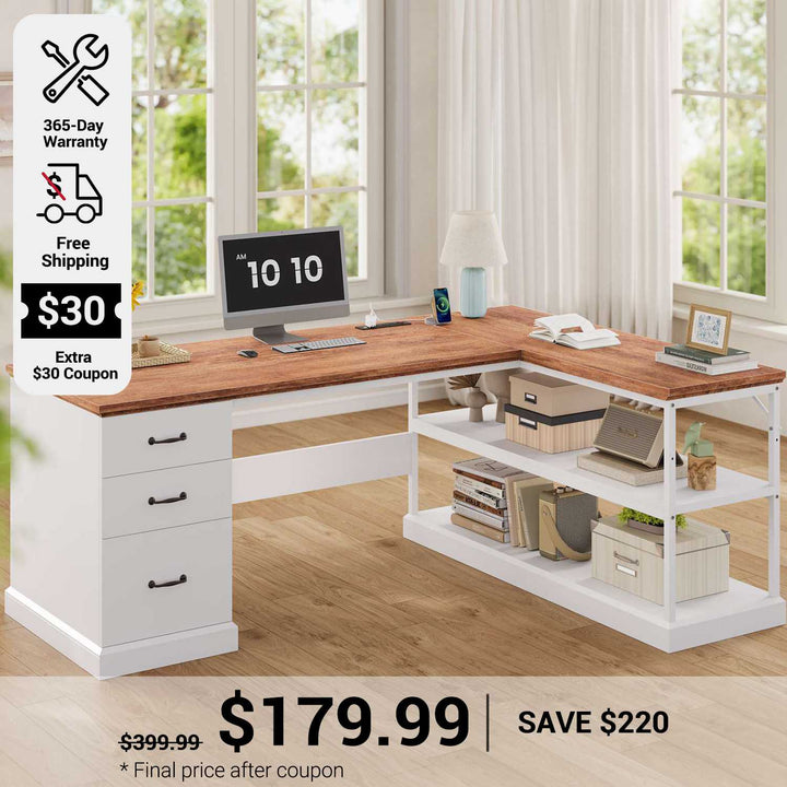 SEDETA 57.9 Inch L Shaped Desk Farmhouse Desk with Drawers and Storage Shelves