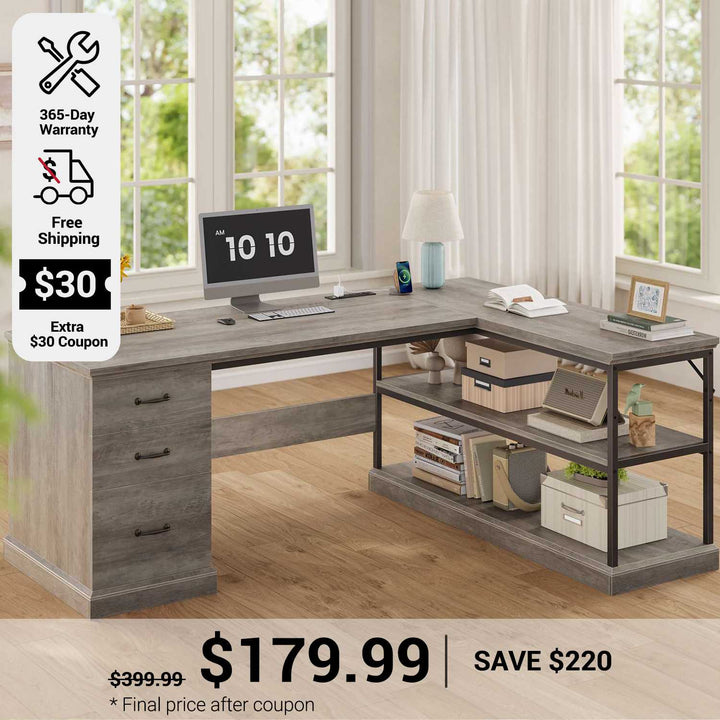 SEDETA 57.9 Inch L Shaped Desk Farmhouse Desk with Drawers and Storage Shelves