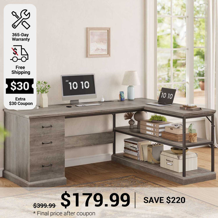 SEDETA 57.9 Inch L Shaped Desk Farmhouse Desk with Drawers and Storage Shelves