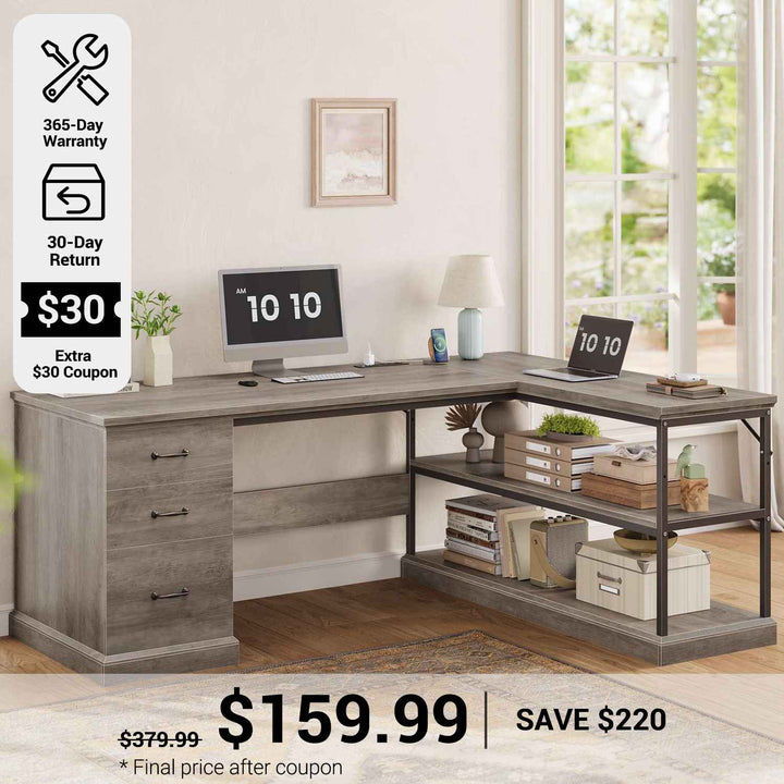 SEDETA® 57.9 Inch Farmhouse L Shaped Computer Desk with Storage Shelves and File Drawers for Home Office