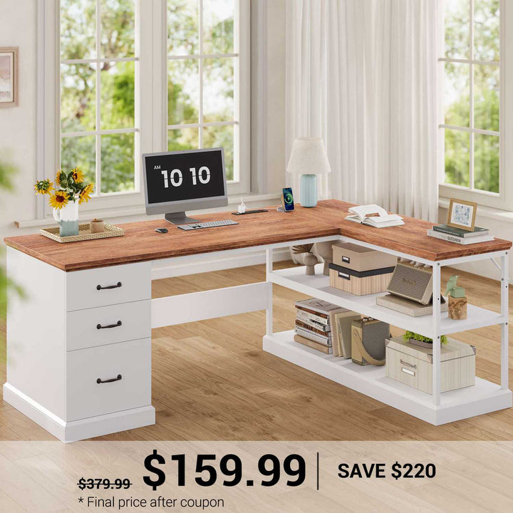 SEDETA® 57.9 Inch Farmhouse L Shaped Computer Desk with Storage Shelves and File Drawers for Home Office