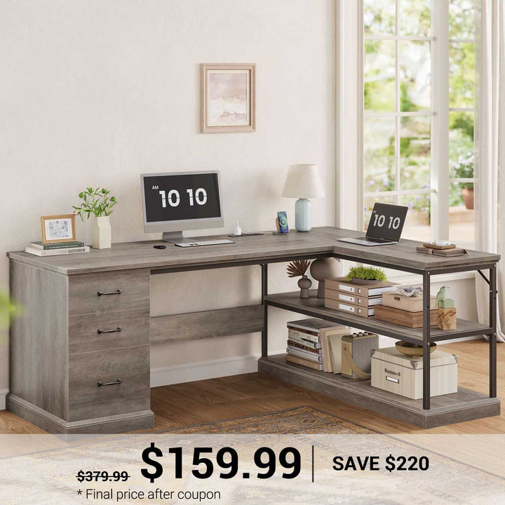 SEDETA® 57.9 Inch Farmhouse L Shaped Computer Desk with Storage Shelves and File Drawers for Home Office