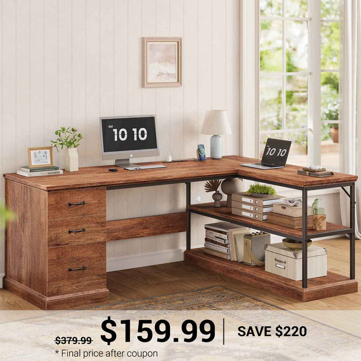 SEDETA® 57.9 Inch Farmhouse L Shaped Computer Desk with Storage Shelves and File Drawers for Home Office