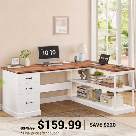 SEDETA | 57.9 Inch L Shaped Executive Desk Farmhouse Computer Desk with Drawers and Storage Shelves