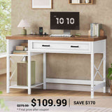 SEDETA | 40 Inch Small Computer Desk Farmhouse Study Table with Drawer Storage Shelves and Power Outlet for Home Office