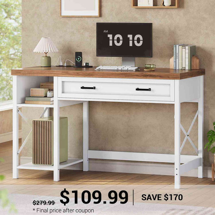 SEDETA | 40 Inch Small Computer Desk Farmhouse Study Table with Drawer Storage Shelves and Power Outlet for Home Office