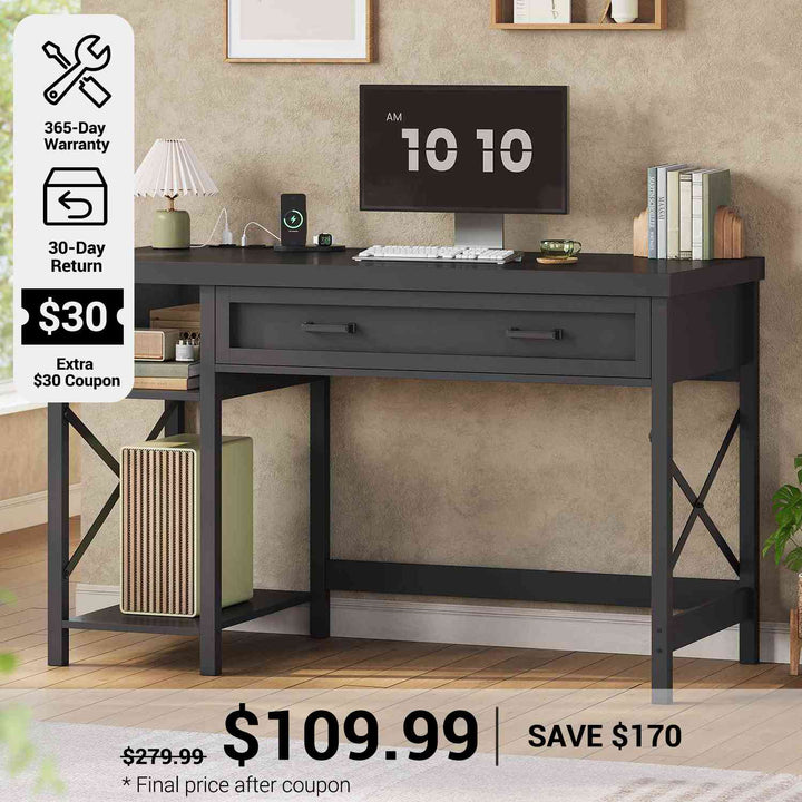 SEDETA® 40 Inch Small Farmhouse Computer Desk with Drawer and Storage Shelves Writing Desk with Power Outlet