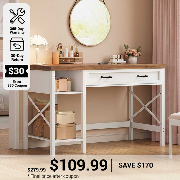 SEDETA® 40 Inch Small Farmhouse Computer Desk with Drawer and Storage Shelves Writing Desk with Power Outlet