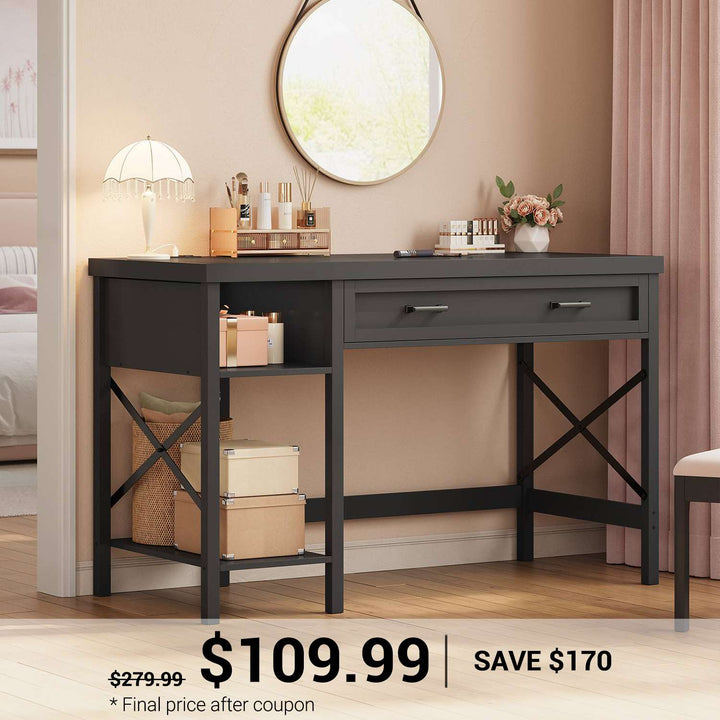 SEDETA | 40 Inch Small Computer Desk Farmhouse Study Table with Drawer Storage Shelves and Power Outlet for Home Office