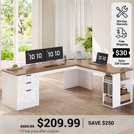 SEDETA 67 Inch Farmhouse L Shaped Executive Computer Desk with 3 Drawers Storage Shelves Power Outlets
