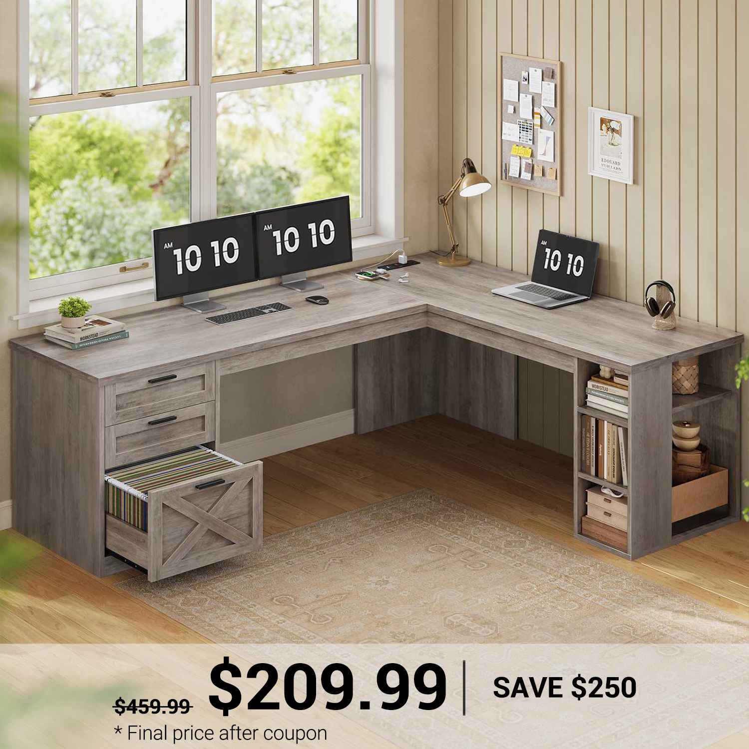 SEDETA 67 Inch Farmhouse L Shaped Executive Computer Desk with 3 Drawe