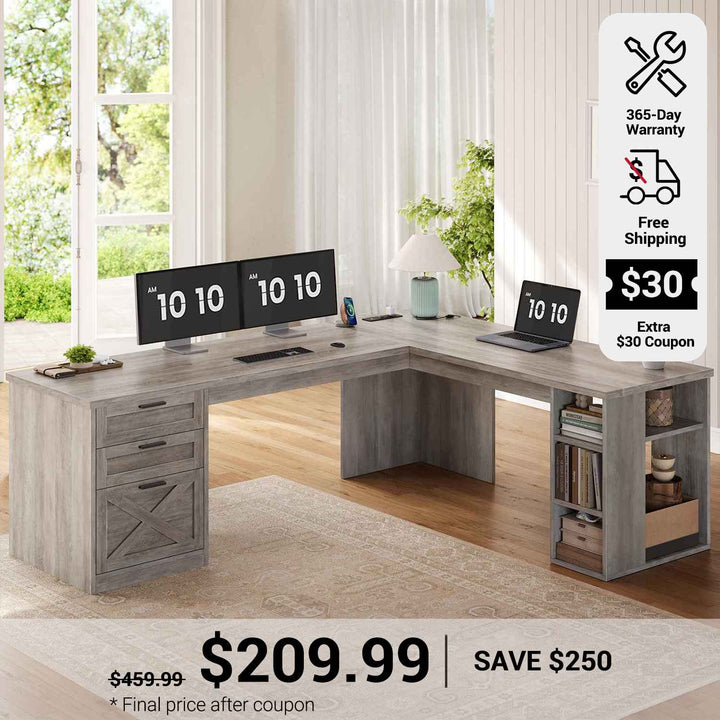 SEDETA 67 Inch Farmhouse L Shaped Executive Computer Desk with 3 Drawers Storage Shelves Power Outlets