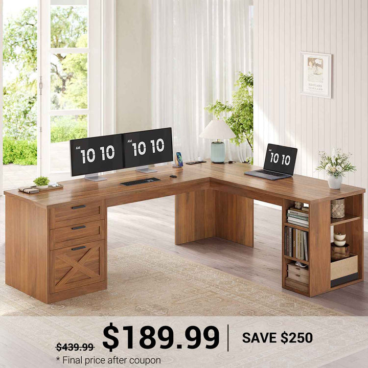 SEDETA® 67 Inch Farmhouse L Shaped Computer Desk with 3 Drawers Home Office Executive Desk with Storage Shelves and Power Outlets