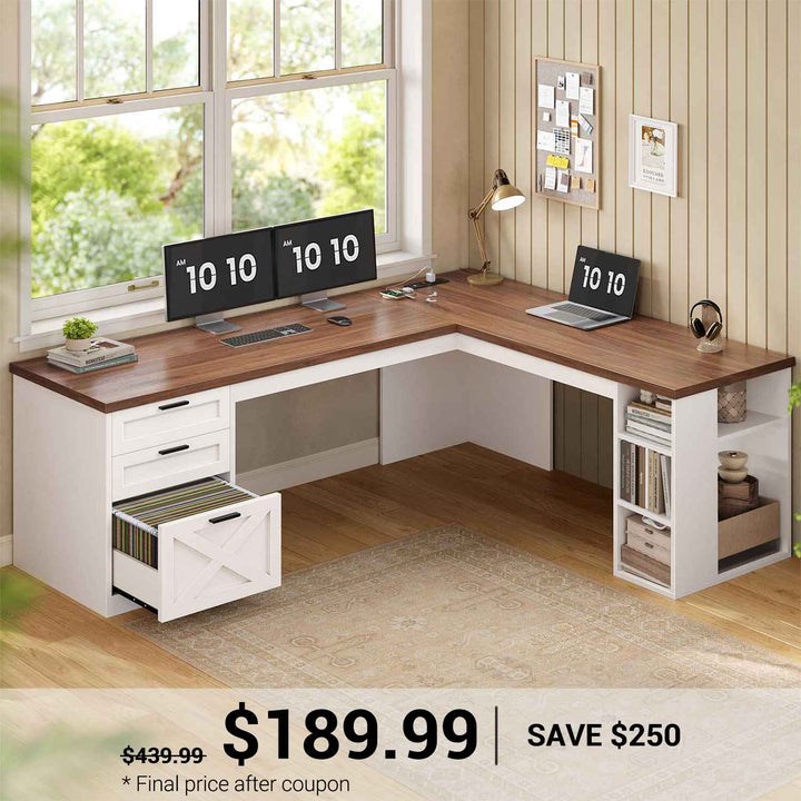 SEDETA® 67 Inch Farmhouse L Shaped Computer Desk with 3 Drawers Home Office Executive Desk with Storage Shelves and Power Outlets