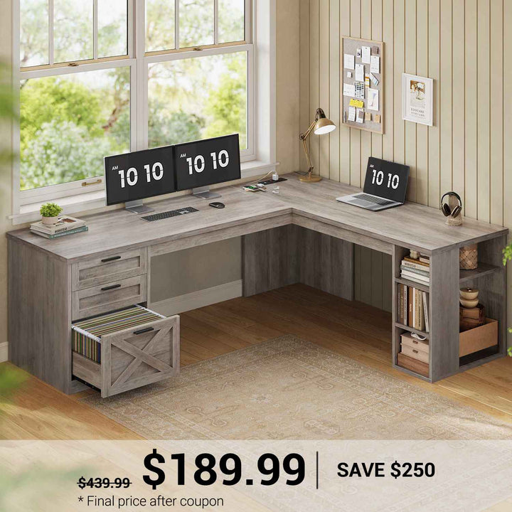 SEDETA® 67 Inch Farmhouse L Shaped Computer Desk with 3 Drawers Home Office Executive Desk with Storage Shelves and Power Outlets