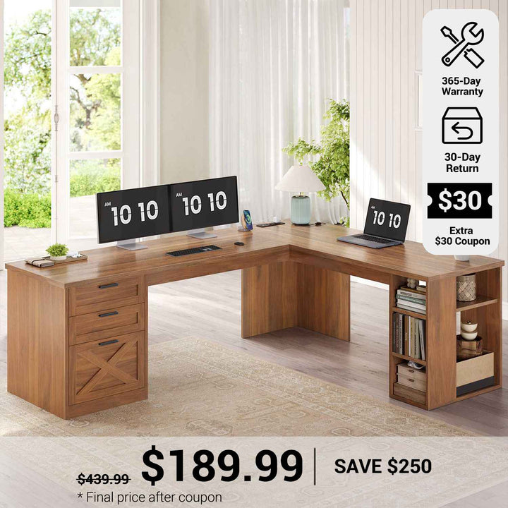 SEDETA® 67 Inch Farmhouse L Shaped Computer Desk with 3 Drawers Home Office Executive Desk with Storage Shelves and Power Outlets