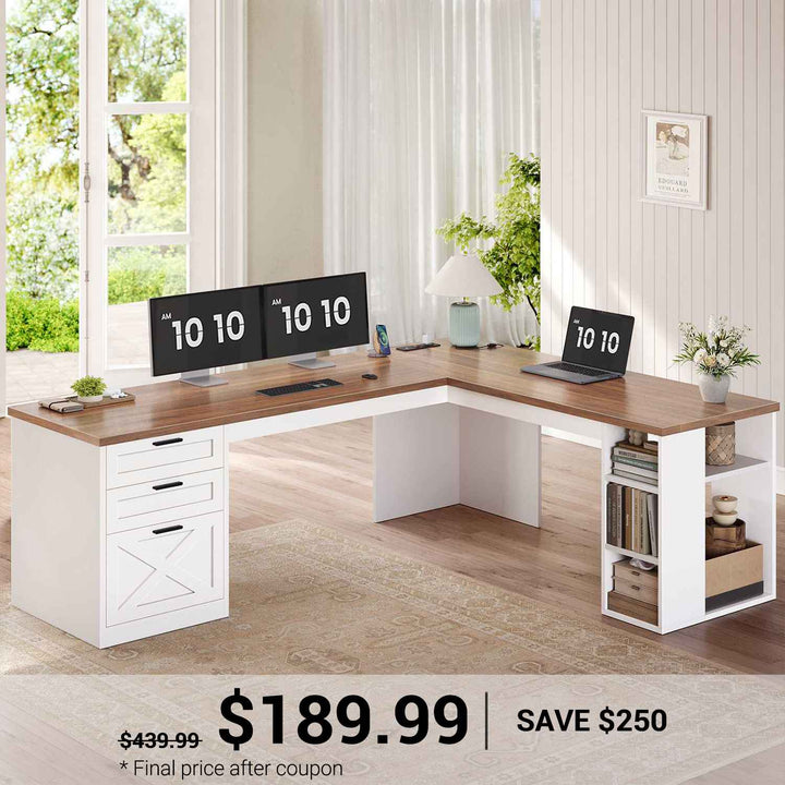 SEDETA® 67 Inch Farmhouse L Shaped Computer Desk with 3 Drawers Home Office Executive Desk with Storage Shelves and Power Outlets