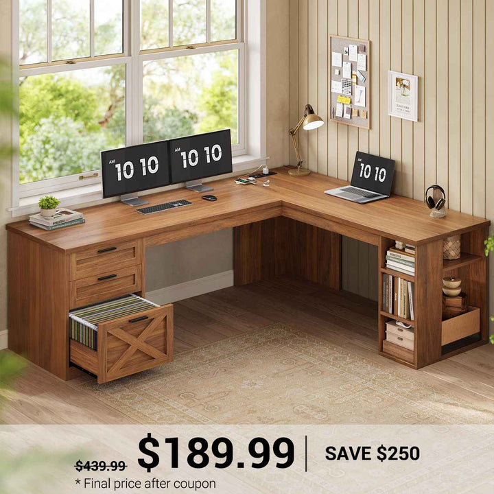 SEDETA® 67 Inch Farmhouse L Shaped Computer Desk with 3 Drawers Home Office Executive Desk with Storage Shelves and Power Outlets