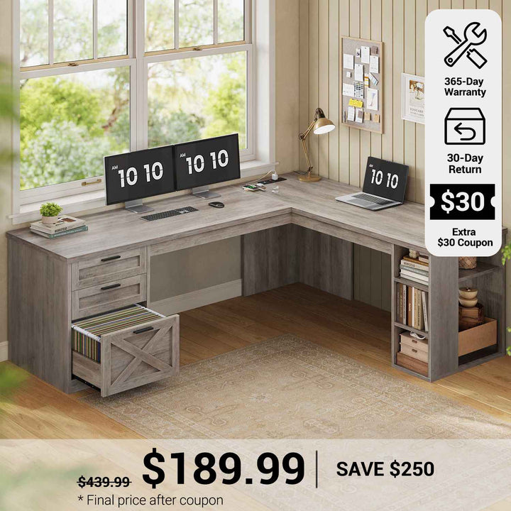 SEDETA® 67 Inch Farmhouse L Shaped Computer Desk with 3 Drawers Home Office Executive Desk with Storage Shelves and Power Outlets