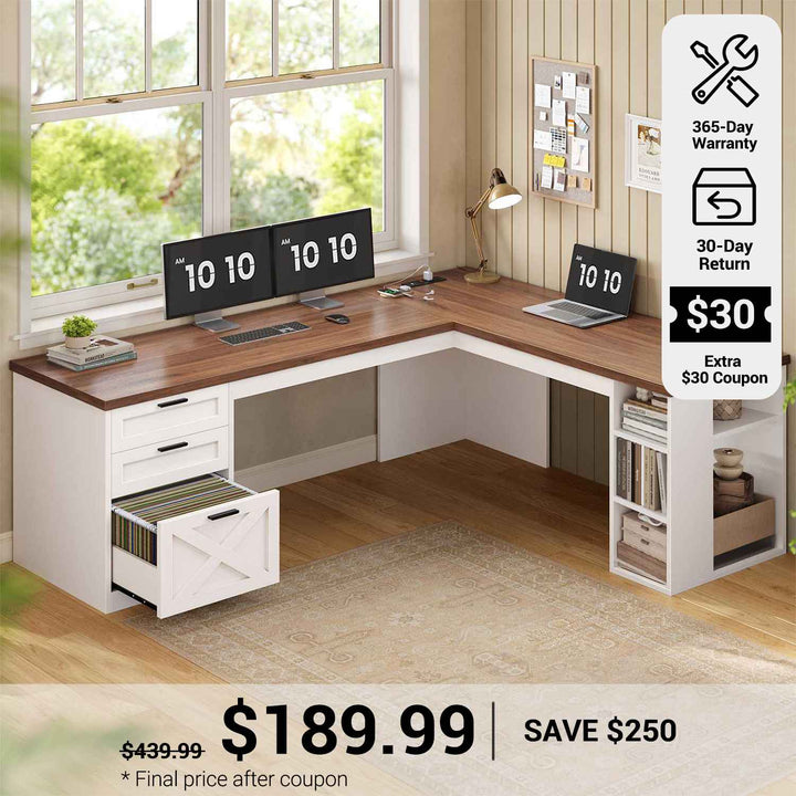 SEDETA® 67 Inch Farmhouse L Shaped Computer Desk with 3 Drawers Home Office Executive Desk with Storage Shelves and Power Outlets