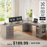 SEDETA® 67 Inch Farmhouse L Shaped Computer Desk with 3 Drawers Home Office Executive Desk with Storage Shelves and Power Outlets