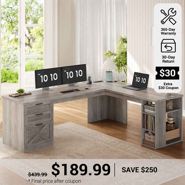 SEDETA® 67 Inch Farmhouse L Shaped Computer Desk with 3 Drawers Home Office Executive Desk with Storage Shelves and Power Outlets