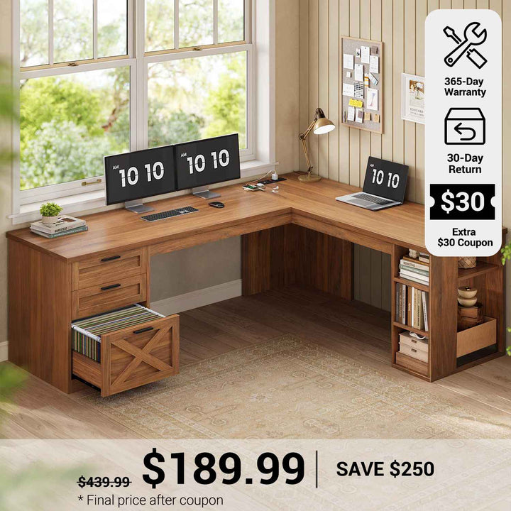 SEDETA® 67 Inch Farmhouse L Shaped Computer Desk with 3 Drawers Home Office Executive Desk with Storage Shelves and Power Outlets