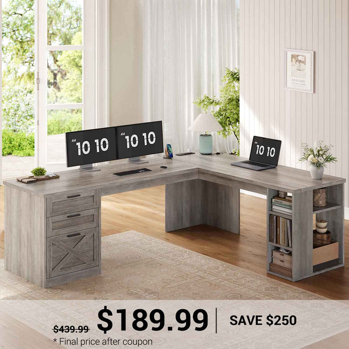 SEDETA® 67 Inch Farmhouse L Shaped Computer Desk with 3 Drawers Home Office Executive Desk with Storage Shelves and Power Outlets