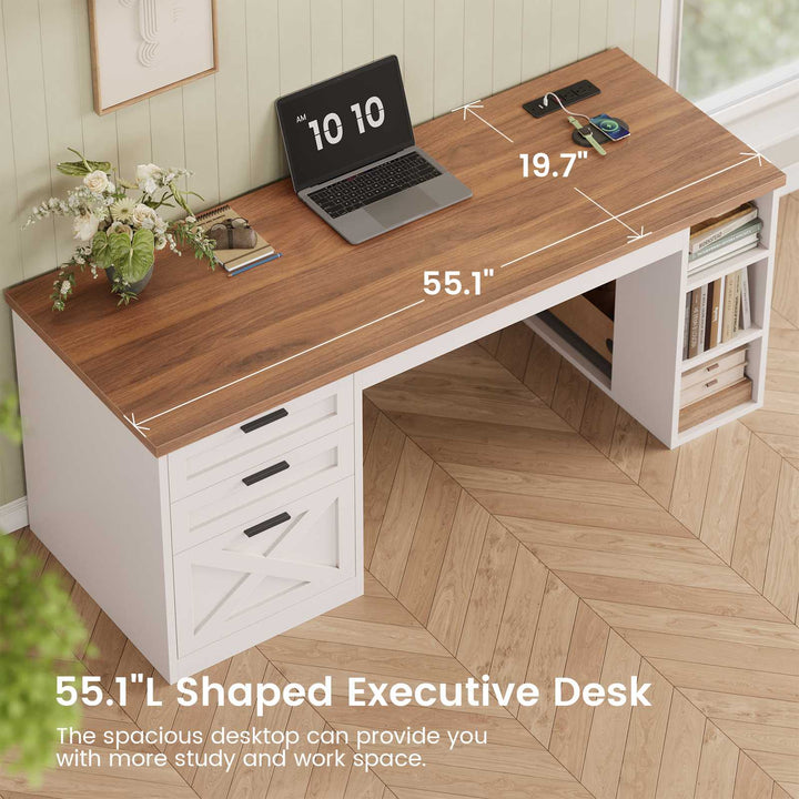 SEDETA | 55.1 Inch Computer Desk with File Drawer and Storage Shelves Farmhouse Office Desk Executive Desk with Power Outlet