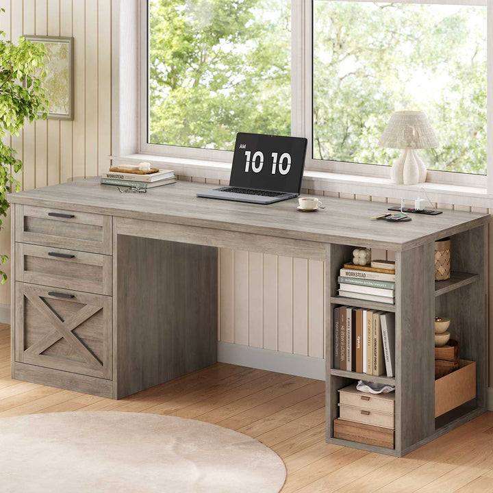 Desk from another angle showing same L-shaped design with wooden top and white painted base, computer and decor on top.