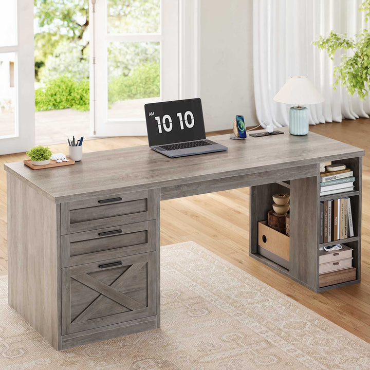 SEDETA | 55.1 Inch Computer Desk with File Drawer and Storage Shelves Farmhouse Office Desk Executive Desk with Power Outlet