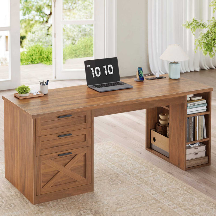 SEDETA | 55.1 Inch Computer Desk with File Drawer and Storage Shelves Farmhouse Office Desk Executive Desk with Power Outlet