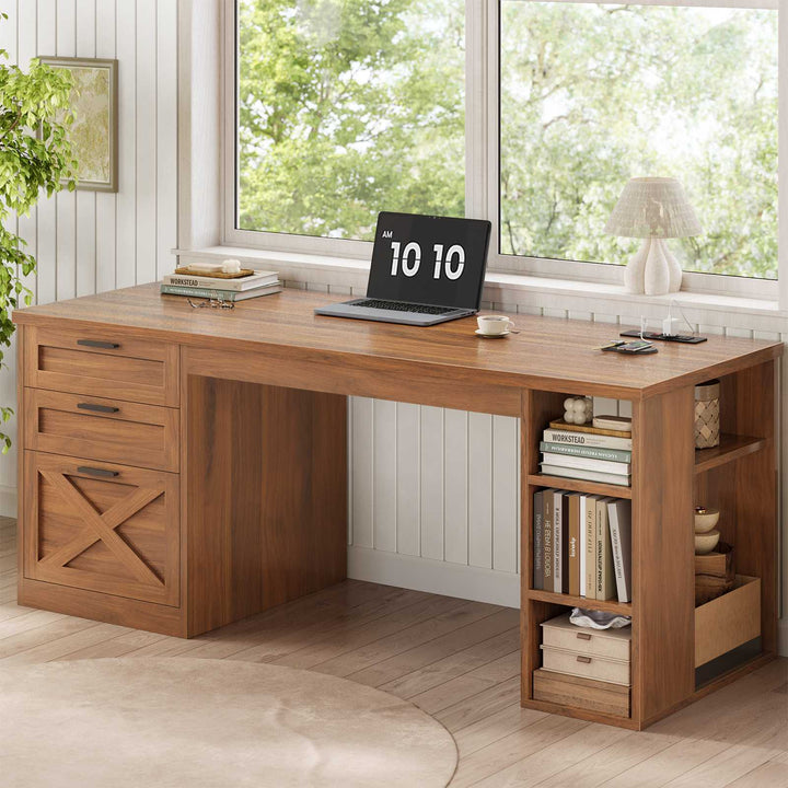 SEDETA | 55.1 Inch Computer Desk with File Drawer and Storage Shelves Farmhouse Office Desk Executive Desk with Power Outlet