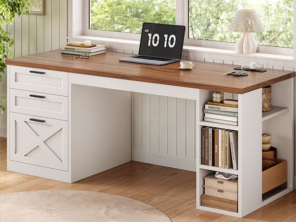 Close-up of desk drawers pulled out, showing multiple drawers and corner cabinet with X-cross panel.