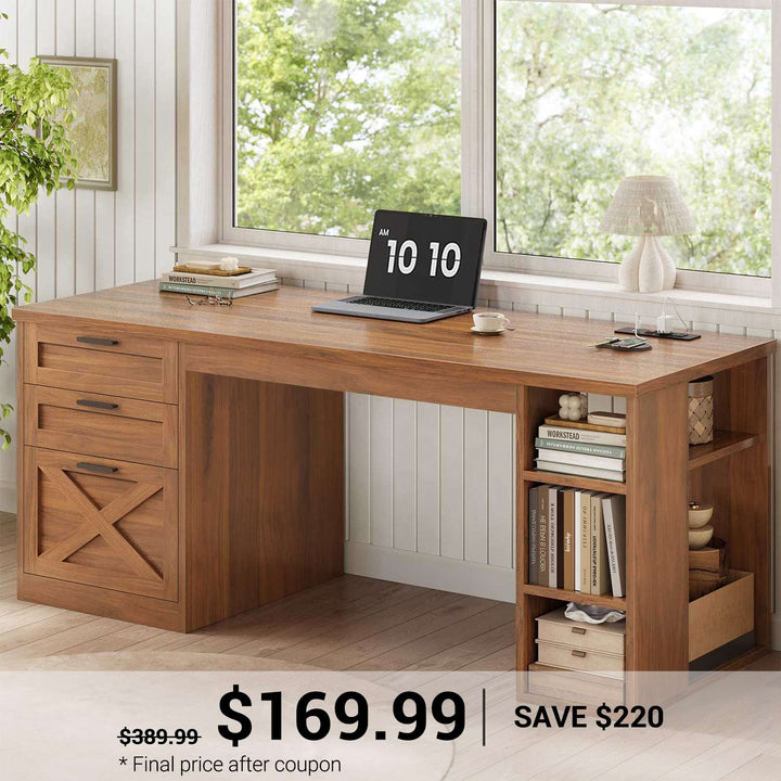 SEDETA 55.1 Inch Farmhouse Office Desk with 3 Drawers Computer Desk with Storage Shelves Executive Desk with Power Outlet